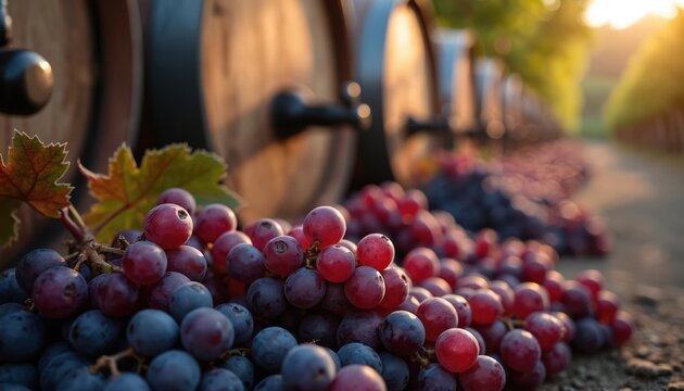 Ripe red grapes rest near wooden wine barrels at a vineyard. Bunches of grapes and aging casks await fermentation for fine wine production. Sunlit winery scene.
