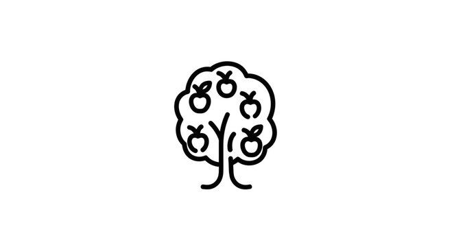 Simple Line Art Apple Tree Icon with Fruits on White Background