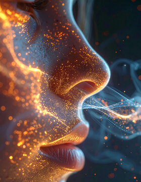 Macro close up of human nose in profile focusing on the sense of smell with natural skin texture for perfume, aromatherapy, allergy relief, healthcare and sensory perception advertising