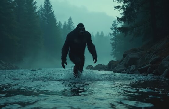Bigfoot walks through shallow river. Hairy creature crosses water body in misty forest. Mysterious ape-like man explores wild nature near rocky shore.
