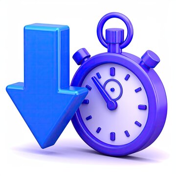 Blue downward arrow alongside a stylized timer illustration in 3D rendering symbolizing decrease in time or speed reduction for design assets