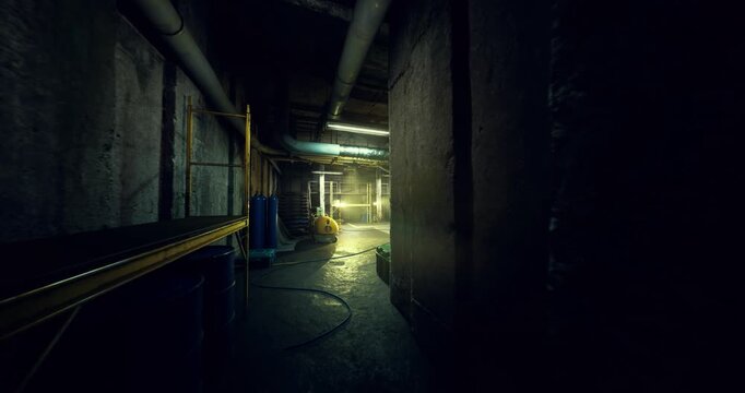 brightly lit underground maintenance bay with cables and machinery, open crates and toolbox, wet floor with puddles, visible compressor and pump, atmosphere