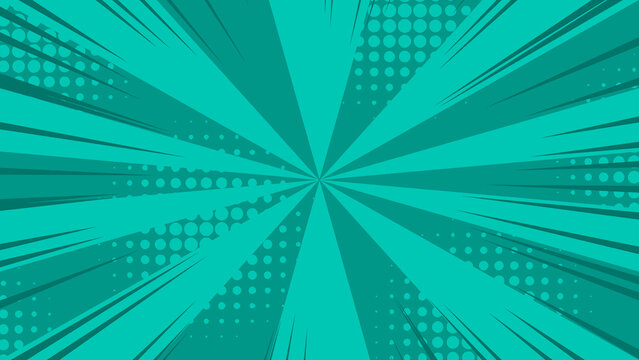 Dynamic Teal Comic Book Explosion Background with Radial Speed Lines and Halftone Dots, Perfect for Vibrant Design Projects and Pop Art Themes