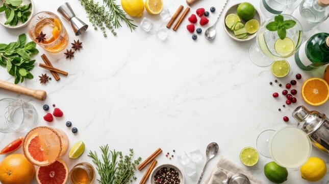 Assorted cocktails, fresh citrus fruits, herbs, and bar tools arranged as a border on a white marble surface for World Cocktail Day celebrations and menu design