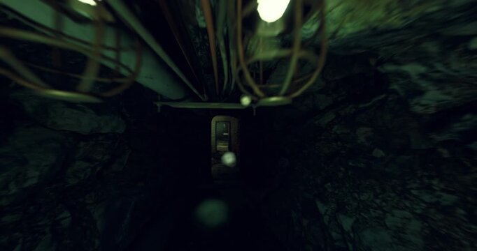 long damp tunnel with parallel rails and distant green light, perspective vanishing into mossy outlet, inspector moving toward faint exit in tense atmosphere