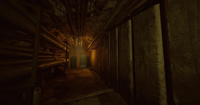 industrial gas bay with suspended piping, rows of tanks and regulators under warm amber illumination, complex valve network and corroded surfaces, scene fits