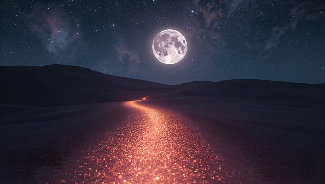 A scenic night view with a full moon over a winding path