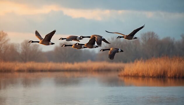 Canadian geese fly in a V formation over a calm lake during sunrise with golden light. They are airborne over water with reeds and trees on the shore reflecting in the water.