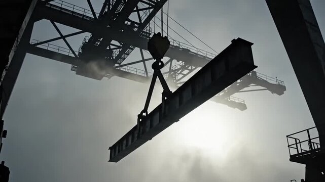 Heavy Steel Beam Lifted by Industrial Crane in Silhouette Against Bright Sky.