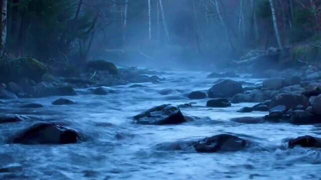 Misty Forest River Flowing Over Rocks at Dawn.