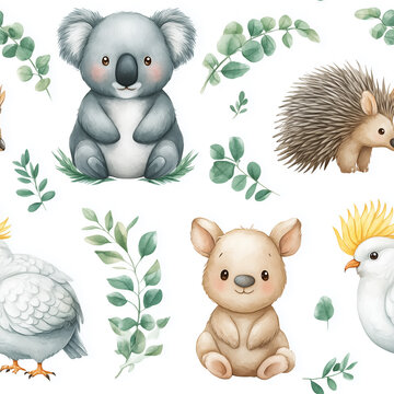 Seamless background of Watercolor Australian animals and eucalyptus branches on a white background. Koala, wombat, echidna and cockatoo, children's style.