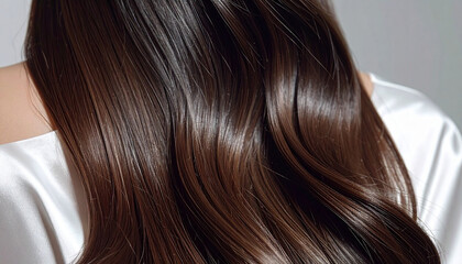 Naklejka premium Close-up of a woman with very shiny brown hair.
