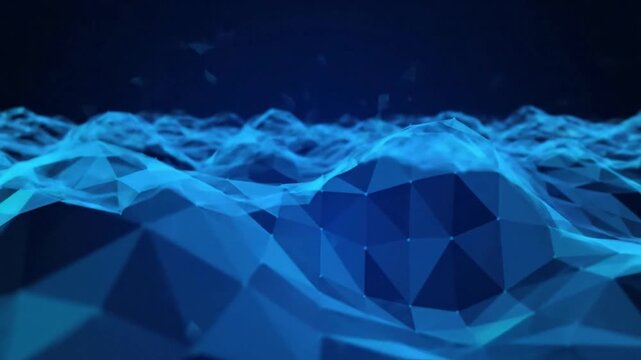 Abstract blue low poly landscape animation with a digital geometric surface texture over a dark background.