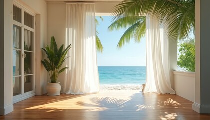 Fototapeta premium Interior room with white sheer curtains opens to ocean beach and palm trees. Bright sunlight shines on wooden floor, creating relaxed tropical atmosphere.