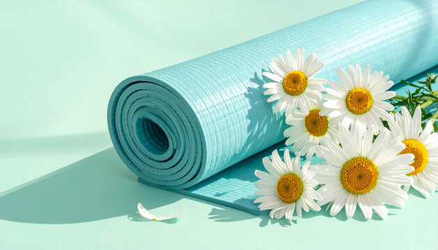 Teal rolled yoga mat with chamomile daisies on mint green surface with soft sunlight