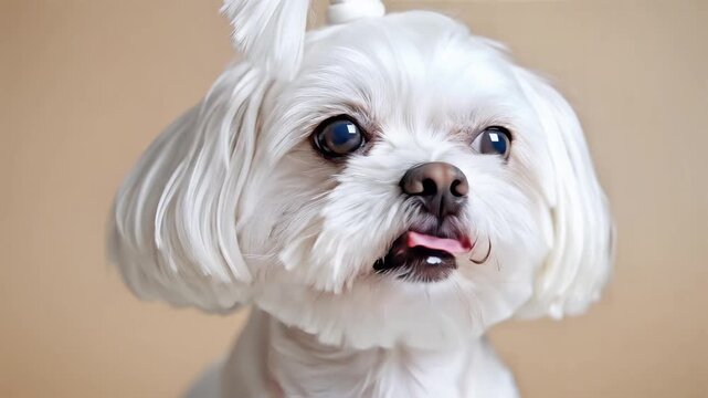 Adorable Maltese Dog with a Top Knot Looking Directly at the Camera.