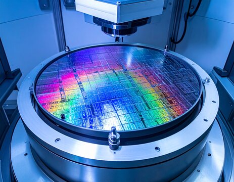 Silicon wafer on vacuum chuck in high-tech cleanroom. Sharp iridescent chip patterns, robotic arm, and microscopic circuitry with deep focus and copy space. Semiconductor technology.