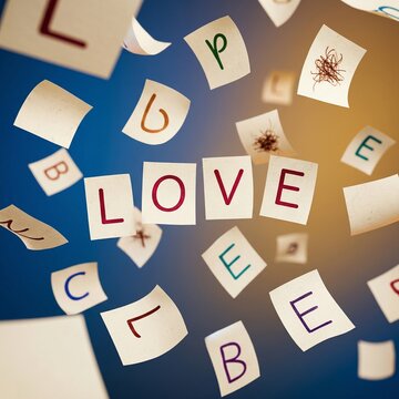 scraps of paper falling from above, each with one letter written on it, and from them you can form the word LOVE,