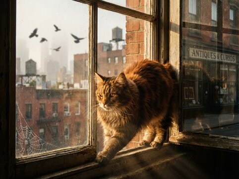 A fluffy, amber-eyed Maine Coon lazily arches his back on a sunny windowsill, clinging with his claws to the rough wood of the antique window frame, while flocks of crows fly past the glass,.