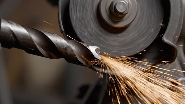 Close-up of a drill bit being sharpened on a grinding wheel with sparks flying.