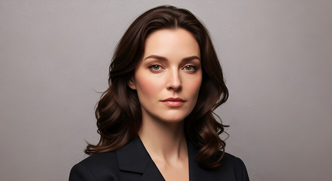 Professional woman with dark wavy hair and subtle makeup, looking directly at the camera, wearing a dark suit jacket, neutral textured background, conveying confidence and seriousness