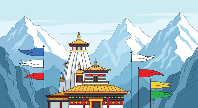 Buddhist Stupa with Colorful Prayer Flags.