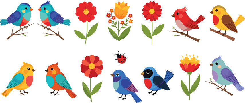 Set of colorful birds and flowers with ladybug isolated on white background spring nature vector illustration collection