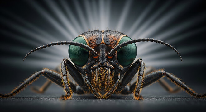 Extreme closeup macro of an ant's head with intricate details on its segmented eyes, antennae