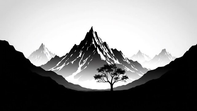 Black and white mountain landscape with a lone tree silhouette against a foggy sky, minimalist nature scene