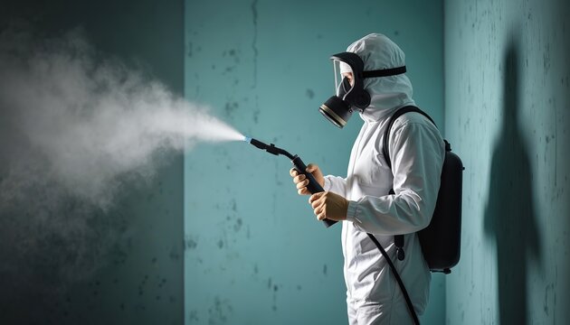 Person in hazmat suit sprays chemical mist from backpack sprayer onto wall. Pro pest control worker performs sanitation treatment for indoor space.