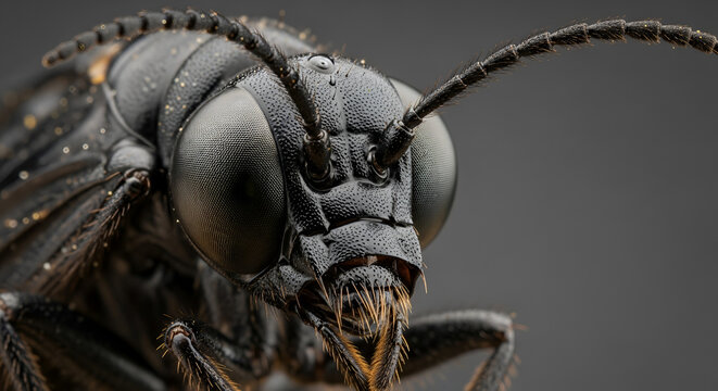 Extreme closeup extreme macro shot of black insect head, detailed compound eyes, antennae covered in tiny golden particles, dark background, intense focus