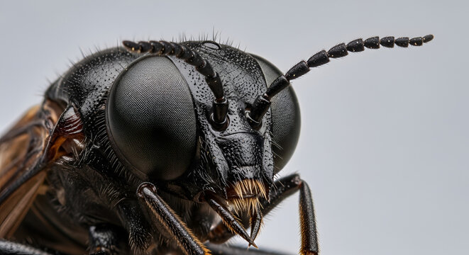 Extreme close-up of a black insect head, showing detailed compound eyes, antennae, and mandibles against a soft grey background, macro photography