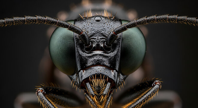 Extreme closeup macro shot of an insect's head with large multifaceted eyes and detailed antennae, dark moody lighting, showing intricate textures and biological structure