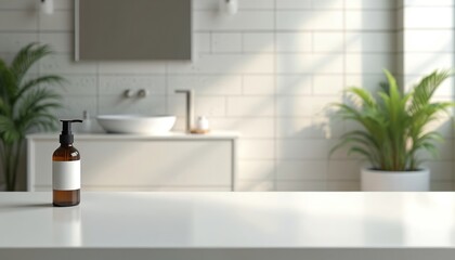 Fototapeta premium Modern bathroom vanity area with soap dispenser on white counter. Clean interior space features sink, plants, and tile wall. Soft light creates relaxing atmosphere.