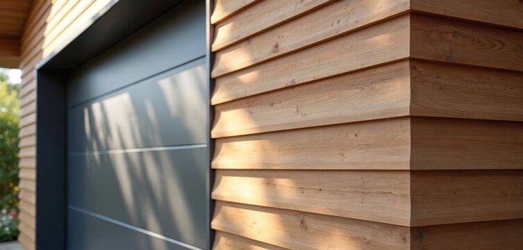 Modern house corner features natural wood siding and dark garage door. Sunlit timber planks contrast with smooth metal panel. Exterior wall texture detail.