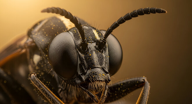 Extreme closeup macro photograph of a dark insect head with segmented antennae and textured exoskeleton, glowing golden dust specks, warm brown blurry background