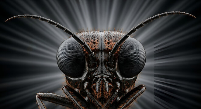 Extreme close-up portrait of an ant's head showing detailed textured exoskeleton, compound eyes, and antennae against a radiating dark background, insect macro photography