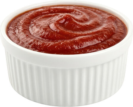 A white ceramic ramekin filled with smooth thick dark red tomato ketchup showing swirls and ridges of the condiment tomato sauce sauce food dip bowl dish kitchen ingredient transparent background