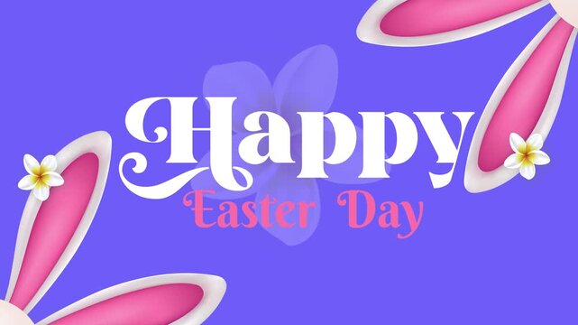 Festive purple Easter greeting with decorative bunny ears and flowers celebrating joyful spring holiday season