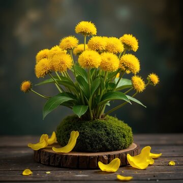 Bright yellow kerria japonica blooms on mossy base. Small flower heads, green leaves, petals scattered on rustic wood. Still life in soft light, natural beauty.