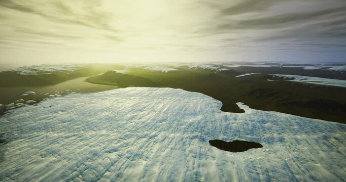 Aerial frozen landscape inviting exploration ahead, expedition imagery evoking travel and outdoor adventure, wide ice expanses, coastal inlets, ideal