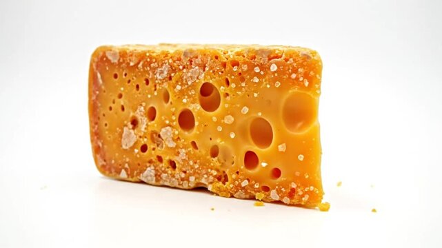 Close-up of a flavorful cheese block with large holes and coarse salt crystals, showing texture and detail against a white background.