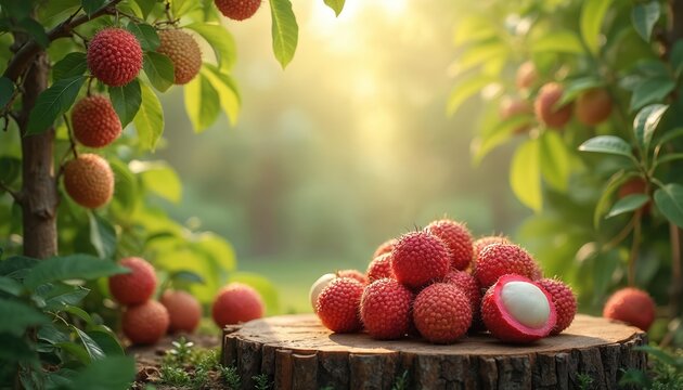 Juicy lychees piled on tree stump in sunny orchard. Ripe red fruit clusters hang from branches, bathed in warm light. Healthy snack, organic produce.
