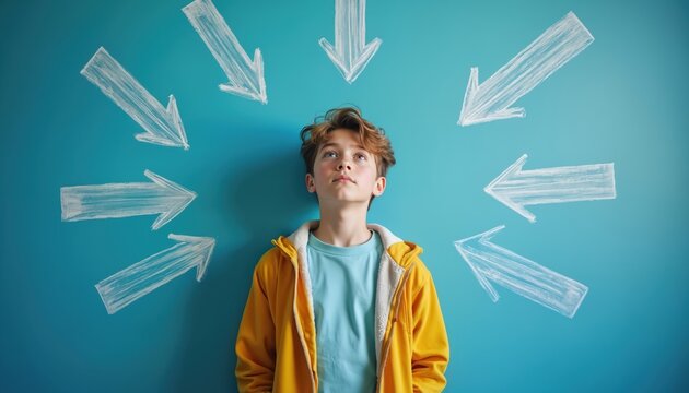 Boy looks up at many arrows pointing to him. He contemplates future career choices and life paths. Young student decides on his occupation, considering different opportunities.