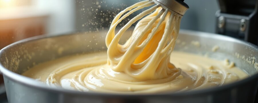 Industrial mixer whips smooth batter in stainless steel bowl creating creamy texture. Automated food prep, kitchen machine mixes ingredients for baking pastry goods.