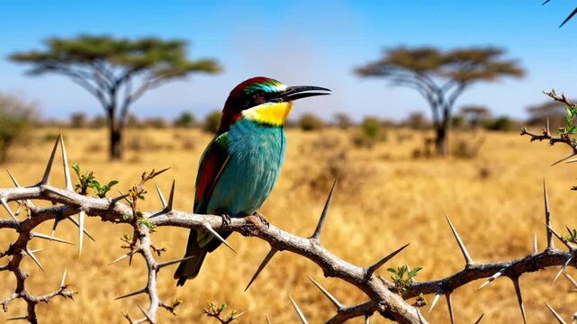 European bee-eater bird perched on a thorny branch in a sunny, dry savanna landscape, singing in nature
