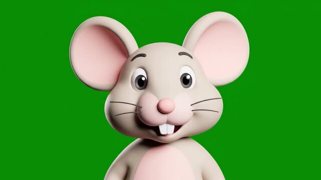 A cheerful cartoon mouse with a big smile on a green background, conveying happiness and friendliness.