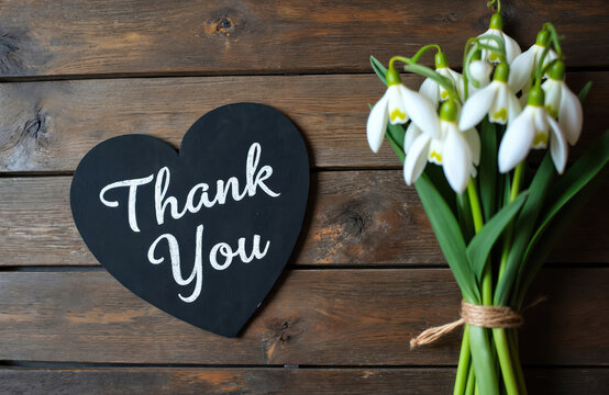 Heart shaped black chalk board with Thank You text next to snowdrop flowers bouquet on rustic wood. Concept for appreciation and spring holidays.