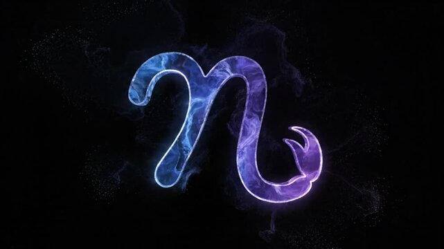 Abstract shimmering letter eta with blue purple and gold color gradient on black background for design and creative purposes