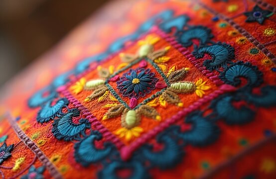 Close up vibrant Phulkari textile shows detailed Indian silk embroidery. Geometric floral patterns in red yellow blue and pink stitched on fabric background.